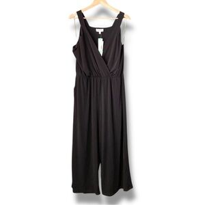 Gilli Black Jersey Knit Faux Wrap V-Neck Wide Leg Jumpsuit Size 2X